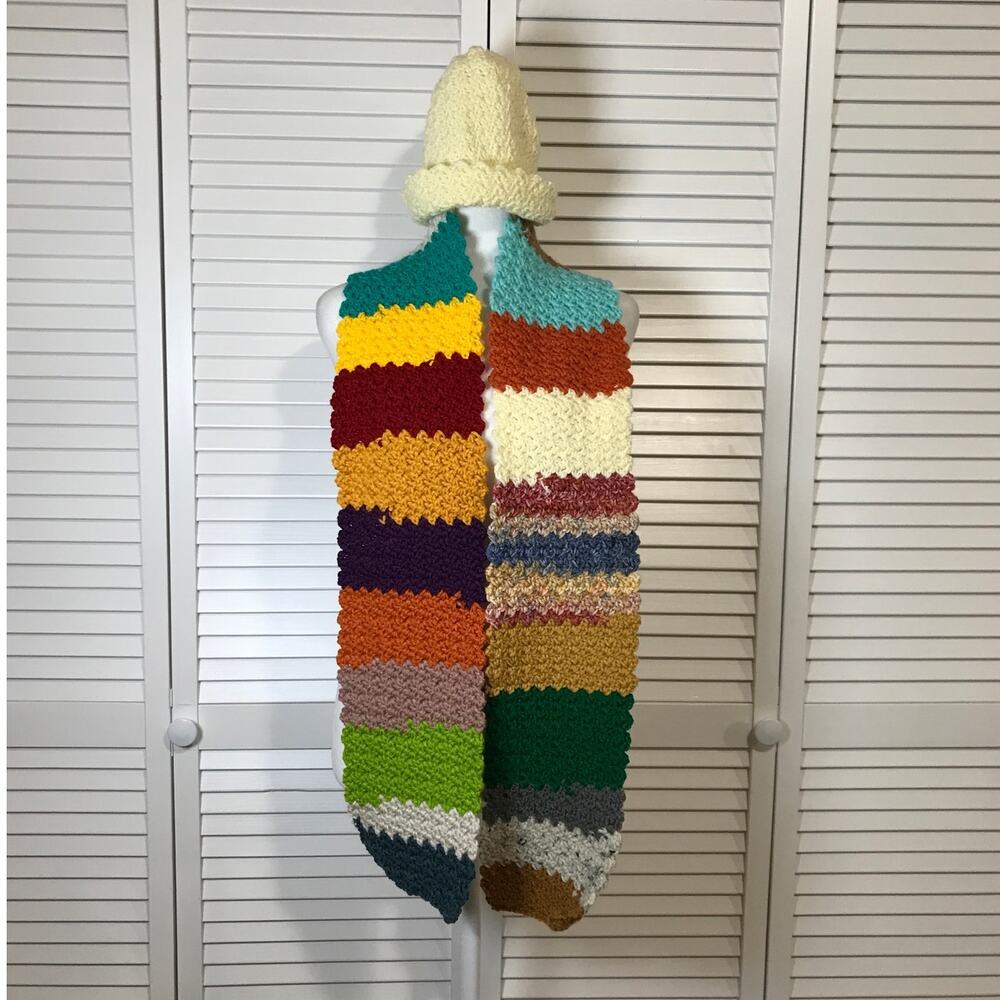 NWT Handmade Crocheted Beige Patchwork Textured Beanie & Scarf 66”